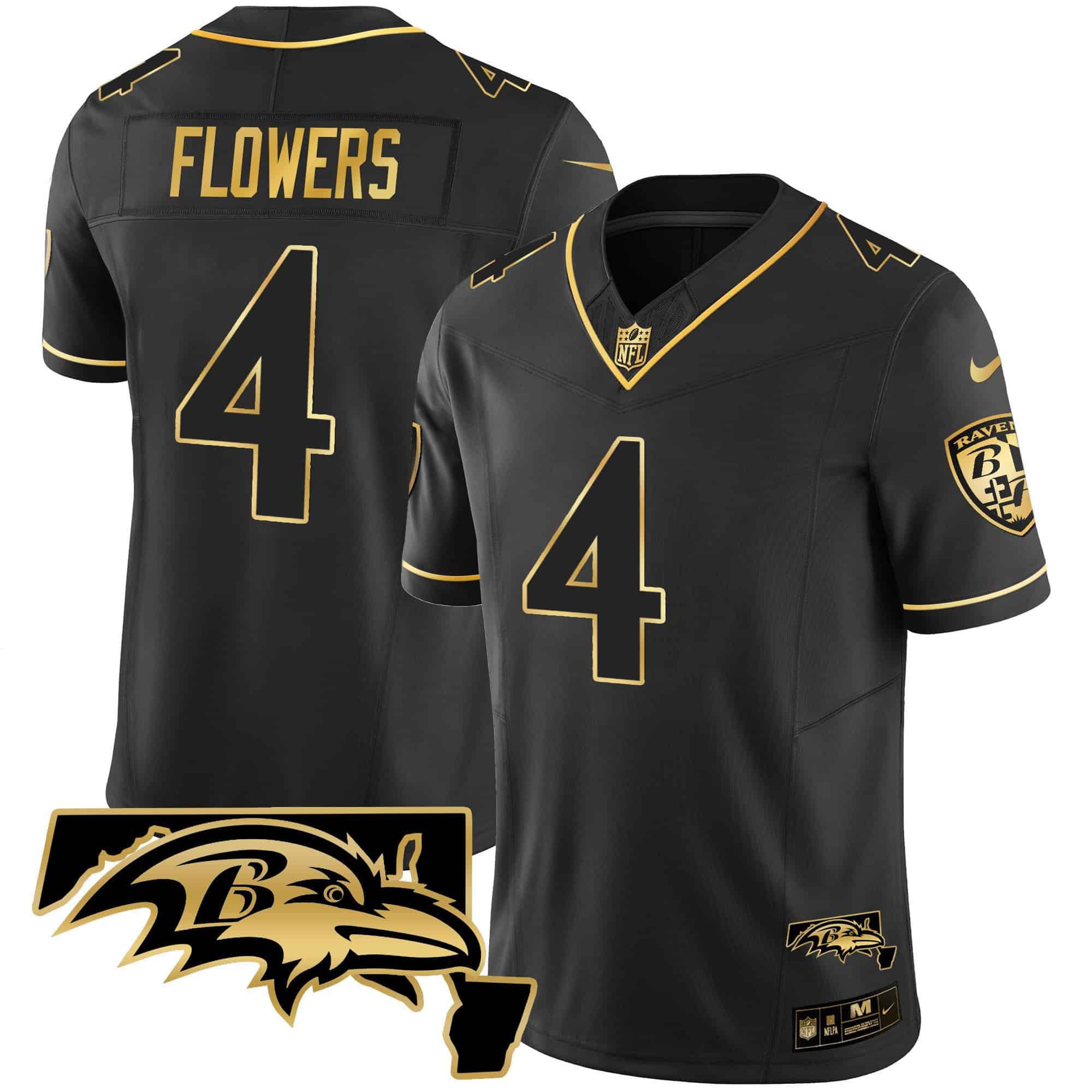 Men Baltimore Ravens #4 Flowers Black Gold 2024 Nike Maryland Patch Vapor Limited NFL Jersey style 2